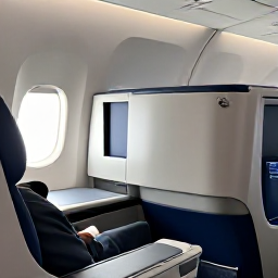 Caribbean Holidays, Puerto Rico Business Class, Business class traveller relaxing in a comfortable aircraft seat, warm natural light, elegant cabin details, realistic travel photography