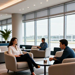 Caribbean Holidays, Puerto Rico Business Class, Business class travellers relaxing in a comfortable airport lounge before a flight to Puerto Rico, modern interior, natural light