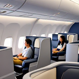 Caribbean Holidays, Puerto Rico Business Class, Business class travellers relaxing in a modern aircraft cabin on a flight to Puerto Rico, comfortable seats, soft lighting, tasteful Caribbean details