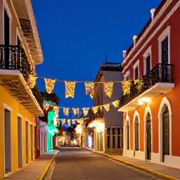 Caribbean Holidays, Puerto Rico Business Class, Colourful colonial streets and historic Spanish buildings in Old San Juan decorated with subtle Christmas lights