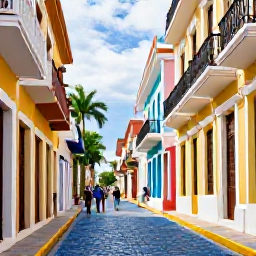 Caribbean Holidays, Puerto Rico Business Class, Colourful colonial streets of Old San Juan, Puerto Rico, with blue cobblestones, historic balconies and visitors exploring in warm May sunshine