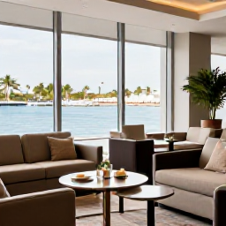 Caribbean Holidays, Puerto Rico Business Class, Elegant airport lounge with comfortable seating, refreshments and large windows before a flight to Puerto Rico