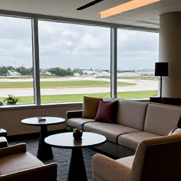 Caribbean Holidays, Puerto Rico Business Class, Elegant airport lounge with comfortable seating, refreshments and large windows overlooking an airport runway