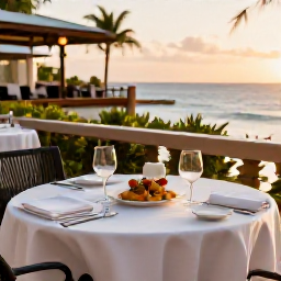 Caribbean Holidays, Puerto Rico Business Class, Elegant Puerto Rican dinner table on a restaurant terrace at sunset with local dishes