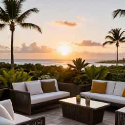 Caribbean Holidays, Puerto Rico Business Class, Elegant Puerto Rican hotel terrace at sunset with comfortable seating, tropical plants and distant ocean views