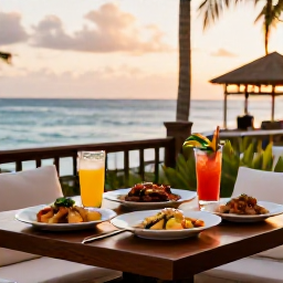 Caribbean Holidays, Puerto Rico Business Class, Elegant Puerto Rican restaurant terrace at sunset with local dishes, tropical drinks and a welcoming atmosphere