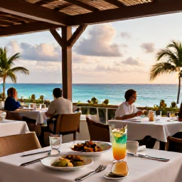 Caribbean Holidays, Puerto Rico Business Class, Elegant Puerto Rican restaurant terrace at sunset with local dishes, tropical drinks and relaxed diners