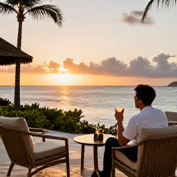 Caribbean Holidays, Puerto Rico Business Class, Elegant Puerto Rico hotel terrace at sunset with comfortable seating, ocean view and a traveller enjoying a relaxed drink