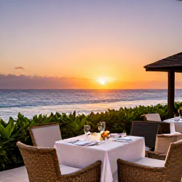 Caribbean Holidays, Puerto Rico Business Class, Elegant Puerto Rico resort terrace at sunset with ocean views, comfortable seating and refined dining