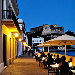 Caribbean Holidays, Puerto Rico Business Class, Evening view of Old San Juan with warm street lighting, outdoor dining and historic fort walls in the background