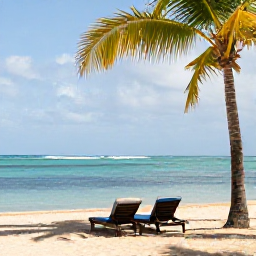 Caribbean Holidays, Puerto Rico Business Class, Golden Caribbean beach near San Juan, Puerto Rico, with calm turquoise water, palm trees and a comfortable sun lounger