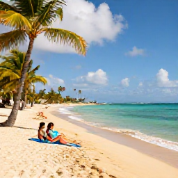 Caribbean Holidays, Puerto Rico Business Class, Golden sandy beach in Puerto Rico with clear turquoise water, palm trees and a couple relaxing in gentle May sunshine