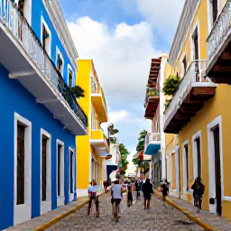 Caribbean Holidays, Puerto Rico Business Class, Historic Old San Juan street with blue and yellow colonial buildings, cobbled paving, balconies and people exploring in warm February sunshine