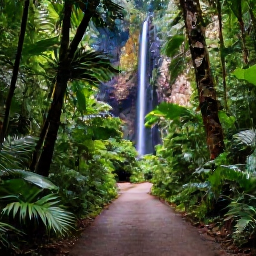 Caribbean Holidays, Puerto Rico Business Class, Lush El Yunque rainforest in Puerto Rico with a waterfall, tropical plants and a shaded walking trail