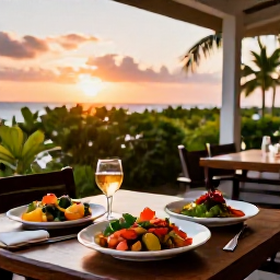 Caribbean Holidays, Puerto Rico Business Class, Outdoor restaurant in Puerto Rico at sunset, colourful local dishes on a table, tropical greenery and a relaxed friendly atmosphere