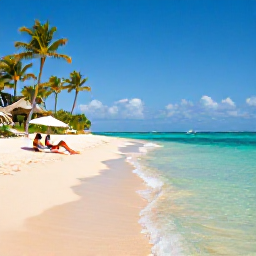 Caribbean Holidays, Puerto Rico Business Class, Puerto Rico tropical beach in June with clear turquoise water, golden sand, palm trees and a couple relaxing beneath an umbrella