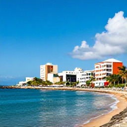 Caribbean Holidays, Puerto Rico Business Class, Sunny San Juan coastline in April with palm trees, turquoise water and colourful historic buildings