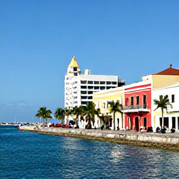 Caribbean Holidays, Puerto Rico Business Class, Sunny San Juan waterfront in February with colourful colonial buildings, palm trees and visitors walking along the promenade