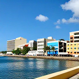 Caribbean Holidays, Puerto Rico Business Class, Sunny San Juan waterfront in June with colourful colonial buildings, palm trees, blue sea and travellers enjoying the historic city