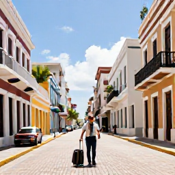 Caribbean Holidays, Puerto Rico Business Class, Traveller arriving in San Juan, Puerto Rico, with colourful colonial buildings, palm trees and bright Caribbean sunshine