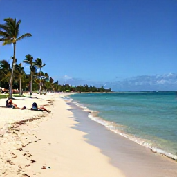 Caribbean Holidays, Puerto Rico Business Class, Tropical Puerto Rican beach in February with turquoise water, soft sand, palm trees and a few relaxed holidaymakers