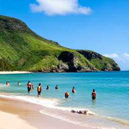 Caribbean Holidays, Puerto Rico Business Class, Visitors swimming in clear water at a Puerto Rico beach surrounded by green hills