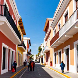 Caribbean Holidays, Puerto Rico City Breaks, Colourful colonial streets in Old San Juan, Puerto Rico, with blue skies, historic buildings and visitors exploring on foot