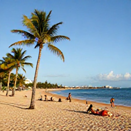 Caribbean Holidays, Puerto Rico City Breaks, Golden sandy beach in Condado, San Juan, Puerto Rico, with palm trees, calm blue water and people relaxing in the sunshine
