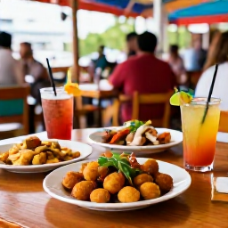 Caribbean Holidays, Puerto Rico City Breaks, Outdoor table serving Puerto Rican mofongo, fresh seafood and colourful tropical drinks in a lively San Juan restaurant