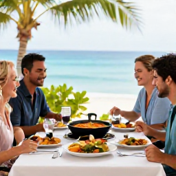 Caribbean Holidays, Puerto Rico Cooking, A beautifully prepared Puerto Rican meal shared by happy travellers at a relaxed outdoor table in April