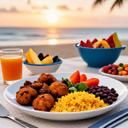 Caribbean Holidays, Puerto Rico Cooking, A beautifully presented Puerto Rican dinner with mofongo, rice, beans, seafood and tropical fruit at sunset