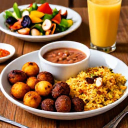Caribbean Holidays, Puerto Rico Cooking, A beautifully presented Puerto Rican meal with mofongo, rice and beans, grilled seafood, fresh salad and tropical fruit on a rustic table
