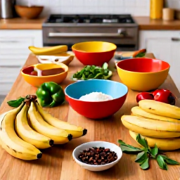 Caribbean Holidays, Puerto Rico Cooking, A colourful Puerto Rican cooking class in a bright kitchen, with fresh plantains, peppers, herbs and spices arranged on a wooden table