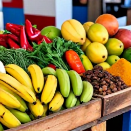 Caribbean Holidays, Puerto Rico Cooking, A colourful Puerto Rican market in January, with fresh plantains, tropical fruit, peppers, herbs and local spices displayed in wooden stalls