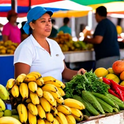 Caribbean Holidays, Puerto Rico Cooking, A colourful Puerto Rican market in San Juan with fresh plantains, peppers, herbs, tropical fruit and local vendors, warm natural light