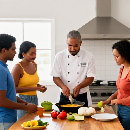 Caribbean Holidays, Puerto Rico Cooking, A friendly hands-on Puerto Rican cooking class in a bright open kitchen, with a chef demonstrating sofrito while visitors prepare ingredients at a wooden table
