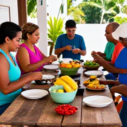 Caribbean Holidays, Puerto Rico Cooking, A friendly outdoor Puerto Rican cookery class with visitors preparing plantains, vegetables and spices at a rustic wooden table