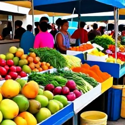 Caribbean Holidays, Puerto Rico Cooking, A lively market in San Juan, Puerto Rico, with stalls of tropical fruit, vegetables, herbs and local spices