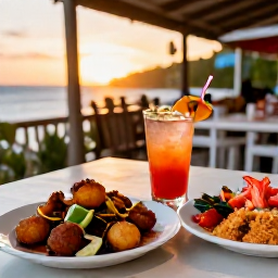 Caribbean Holidays, Puerto Rico Cooking, A Puerto Rican restaurant terrace at sunset, serving mofongo, fresh seafood, rice and tropical drinks in a relaxed setting