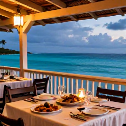 Caribbean Holidays, Puerto Rico Cooking, A relaxed evening meal on a Puerto Rican terrace in May, with local dishes, warm light and views towards the Caribbean Sea