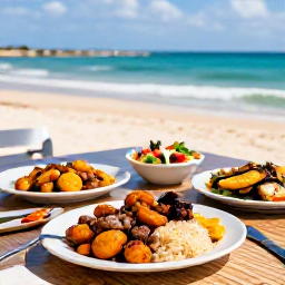 Caribbean Holidays, Puerto Rico Cooking, A rustic Puerto Rican table overlooking a sunny coastline, serving mofongo, rice with pigeon peas, plantains, fresh fish and colourful salads