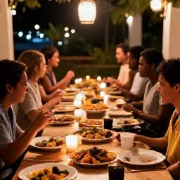 Caribbean Holidays, Puerto Rico Cooking, An atmospheric evening table in Puerto Rico with freshly prepared dishes, lanterns and diners sharing food outdoors