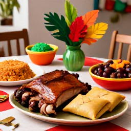 Caribbean Holidays, Puerto Rico Cooking, Festive Puerto Rican Christmas table with roasted pork, pasteles, rice and colourful tropical decorations