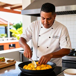 Caribbean Holidays, Puerto Rico Cooking, Friendly Puerto Rican chef teaching visitors to prepare mofongo in a bright traditional kitchen