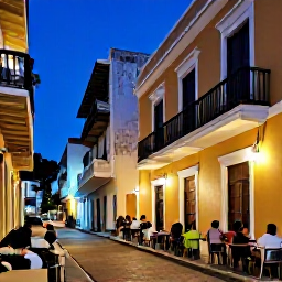 Caribbean Holidays, Puerto Rico Cooking, Historic Old San Juan street with colourful buildings, outdoor dining and visitors enjoying a warm February evening