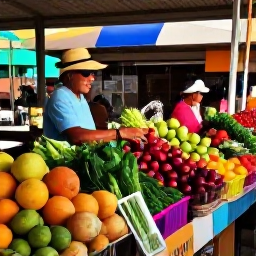 Caribbean Holidays, Puerto Rico Cooking, Local Puerto Rican market in August with colourful tropical fruit, vegetables, herbs, spices and friendly vendors in warm morning light