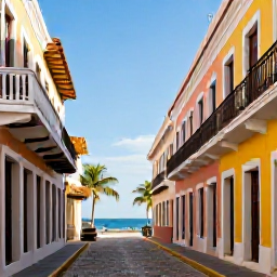 Caribbean Holidays, Puerto Rico Cooking, Old San Juan in warm January sunshine, with colourful colonial buildings, cobbled streets, balconies and palm trees near the coast