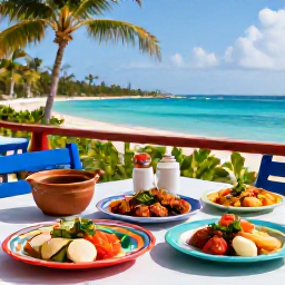 Caribbean Holidays, Puerto Rico Cooking, Outdoor dining table overlooking the Caribbean Sea with Puerto Rican dishes, colourful plates and tropical surroundings
