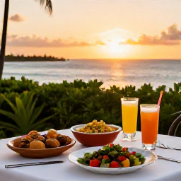 Caribbean Holidays, Puerto Rico Cooking, Outdoor Puerto Rican dining table overlooking the sea at sunset, with traditional dishes and colourful drinks