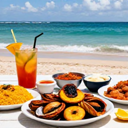 Caribbean Holidays, Puerto Rico Cooking, Outdoor Puerto Rican food table beside the sea with grilled seafood, plantains, rice and tropical drinks